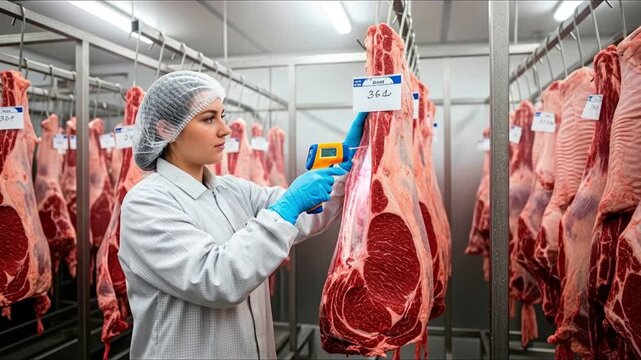 A person in a hairnet and lab coat measures a hanging piece of meat with a blue and yellow infrared thermometer in a chilled room