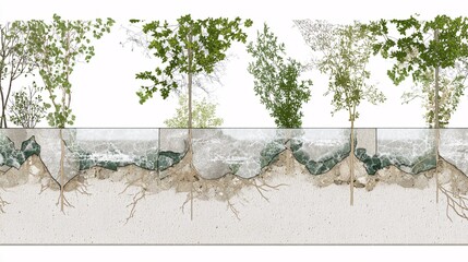 illustrated desert scene featuring organized crescent embankments, visible root systems, and moisture held near plant bases. realistic desert illustration root growth crescent embankments soil 