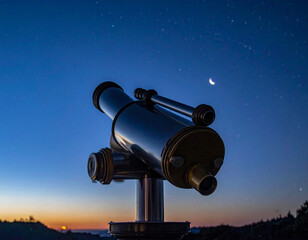 Telescope observing night sky crescent moon