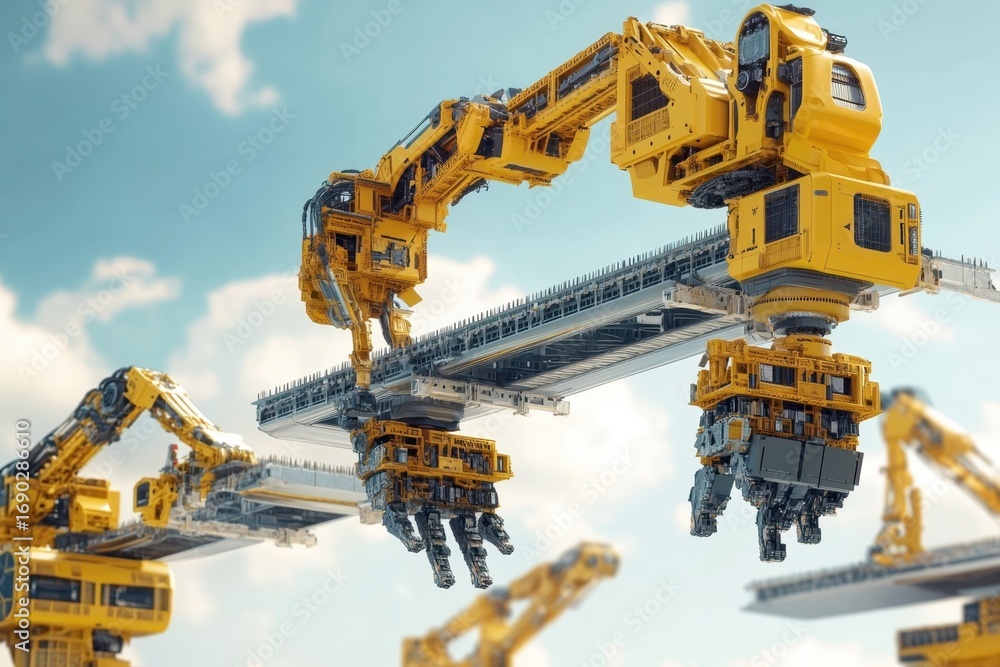 Poster advanced robotic arms assembling components in a modern industrial setting