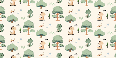 Cute dinosaurs pattern. Jungle dinosaurs animal seamless pattern. Safari dinosaurs and tropical plants. Perfect for fabrics, print, textile, wallpaper, decor.