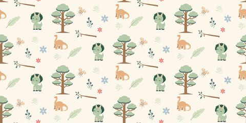 Cute dinosaurs pattern. Jungle dinosaurs animal seamless pattern. Safari dinosaurs and tropical plants. Perfect for fabrics, print, textile, wallpaper, decor.