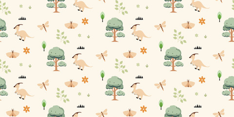 Cute dinosaurs pattern. Jungle dinosaurs animal seamless pattern. Safari dinosaurs and tropical plants. Perfect for fabrics, print, textile, wallpaper, decor.