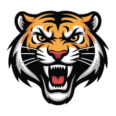 Fierce tiger head mascot roaring with intense eyes and sharp teeth