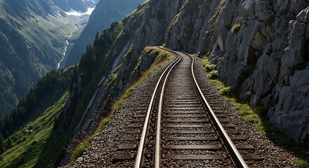 Fototapeta premium Mountain railway winding through alpine landscape offering scenic vista and transportation
