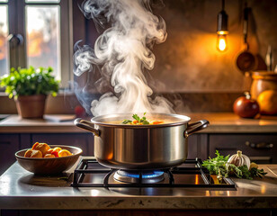 Steaming pot of soup on stove