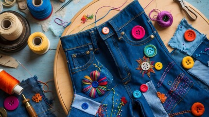 Denim Embroidery Projects on Colorful Jean Shorts in a Bright Craft Room