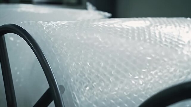 Close Up of Roll of Clear Bubble Wrap Packing Material on Metal Holder