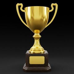 Golden trophy cup with handles and engravable plaque ready for achievement award