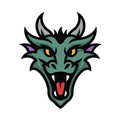 Fierce green dragon head with open mouth and sharp teeth and horns