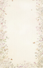 Obraz premium Delicate pastel botanical border frames parchment background, featuring subtle floral and butterfly motifs. design evokes sense of tranquility and elegance, perfect for invitations or stationery