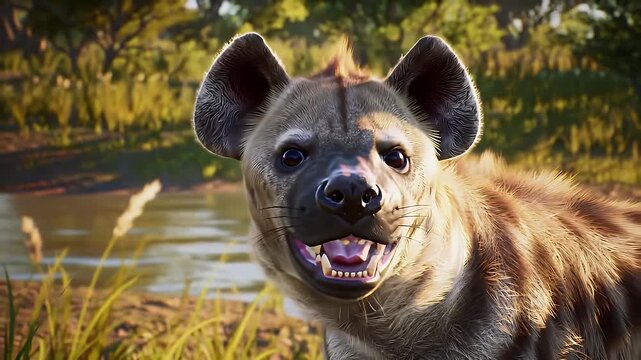 Close Up of Smiling Brown Hyena with Furry Ears near Green Lush River Bank