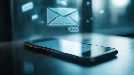 Digital email envelopes floating from a mobile phone screen on a wooden table. Business communication concept.