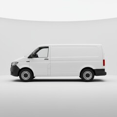 A white cargo van is seen in profile against a plain white backdrop.