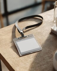 Blank ID Badge with Lanyard on Wooden Table