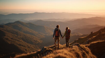 Obraz premium Couple's Mountain Top Vista: A couple stands hand-in-hand on a mountain peak, silhouetted against a breathtaking panorama of rolling hills and valleys, illuminated by the warm glow of the setting sun.