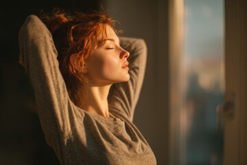 authentic candid moment of a young woman stretching near a window, bright natural sunlight, airy clean atmosphere