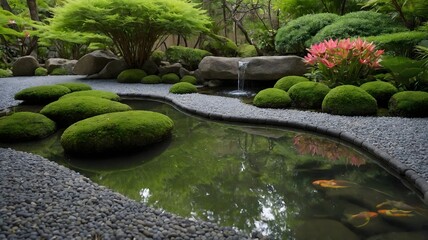 Serene Japanese Garden Koi Pond, Moss, and Waterfalls