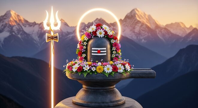 Shiva lingam decorated with flowers and a trishula against a mountain backdrop.