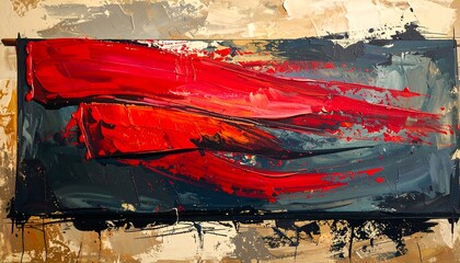 Abstract painting with bold red strokes on canvas