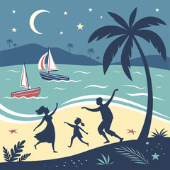 Joyful Evening on the Beach &ndash; Family Dancing by the Sea under Moonlight