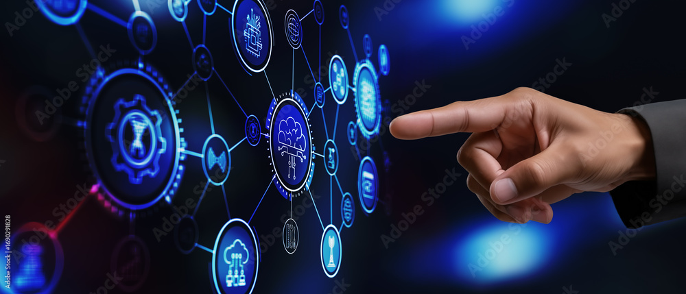 Aufkleber cloud computing. hand touching virtual screen with cloud computing