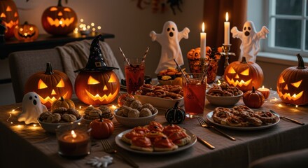 Halloween Party Table with Pumpkins and Scary Snacks 