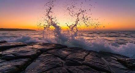 Sunset Waves Crashing on Rocky Shoreline.