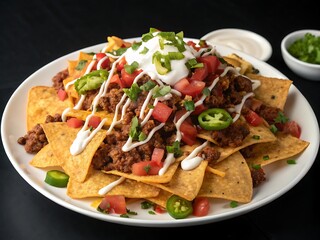 Hearty loaded beef nachos with sour cream and jalapenos on a white plate