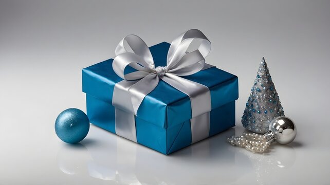 Elegant Teal Gift Box with Silver Ribbon and Festive Decorations