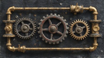 Detailed steampunk design featuring gears and pipes on a textured dark background in a close up view