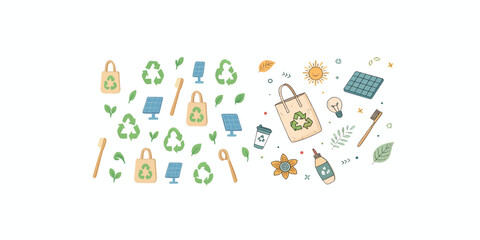 Print  Cute seamless vector pattern of eco-friendly lifestyle icons &ndash; reusable bag, bamboo toothbrush, solar panel, recycle symbol &ndash; minimal flat style on pastel background&rdquo;