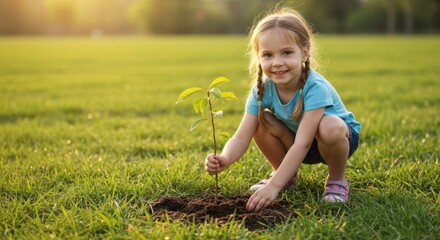 Happy Child Planting Young Tree Seedling in Soil – Kids and Environmental Sustainability Concept 