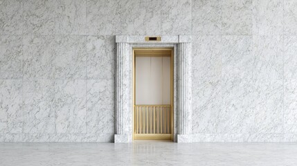 Elegant elevator entryway with marble walls.