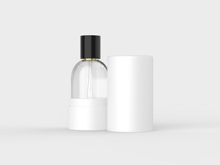 A clear glass perfume bottle with Box and black cap, standing on a light-colored surface with shadows. Illustrator Vector. 