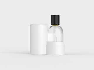 A clear glass perfume bottle with Box and black cap, standing on a light-colored surface with shadows. Illustrator Vector. 