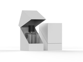 A clear glass perfume bottle with Box and black cap, standing on a light-colored surface with shadows. Illustrator Vector. 