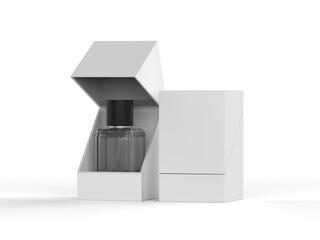 A clear glass perfume bottle with Box and black cap, standing on a light-colored surface with shadows. Illustrator Vector. 