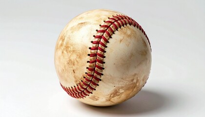 A worn baseball with red stitching, scuffed and aged from extensive use, symbolizing nostalgia and the spirit of the game.