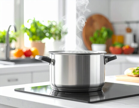 Stainless steel pot cooking on stovetop