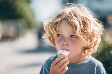 bright minimal lifestyle portrait of a kid eating ice cream outdoors, candid joyful expression