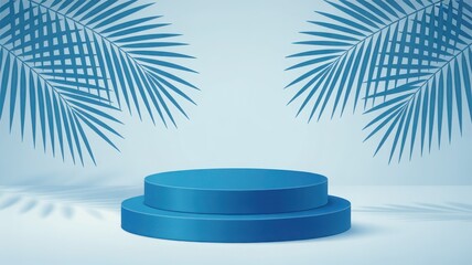 Obraz premium Blue round podium with palm leaves. Exhibition gallery mockup pedestal, cosmetics product presentation empty display podium or studio showroom stand realistic vector background with leaves shadow
