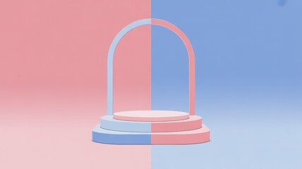 3d cosmetic product podium stand. Vector geometric square display on a split pink and blue contrast background. Modern, playful platform for product mockups, fashion promotions or cosmetic showcases.