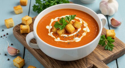 Homemade Creamy Tomato Puree Soup with Croutons and Fresh Herbs – Rustic Comfort Food Photography 