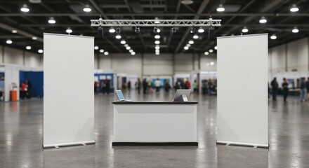 A trade show booth setup with blank banners and a central reception desk, ready for an event.