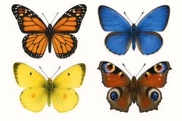Obraz premium Monarch, Blue, Yellow and Peacock Butterflies Vector Illustration