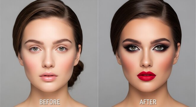 Sidebyside images Woman before and after makeup application highlighting dramatic transformation