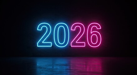Neon 2026: Futuristic Glowing Numbers on Dark Textured Wall