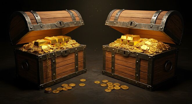 Two Wooden Treasure Chests Filled with Gold.