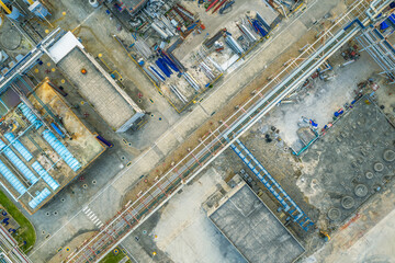 Aerial view of an industrial plant layout showing buildings, pipe racks, and various construction...
